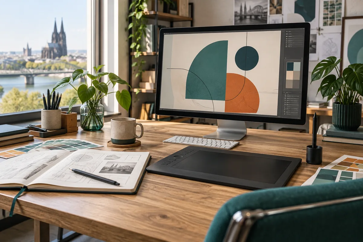 Grafiktablett, Farbmuster und abstrakter Entwurf auf einem Designarbeitsplatz