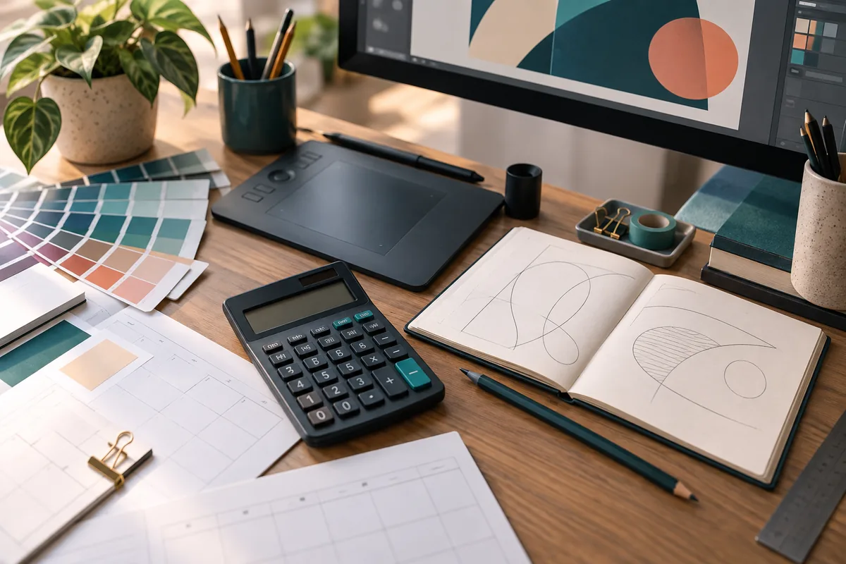 Taschenrechner und Planungsunterlagen für Grafikdesigner
