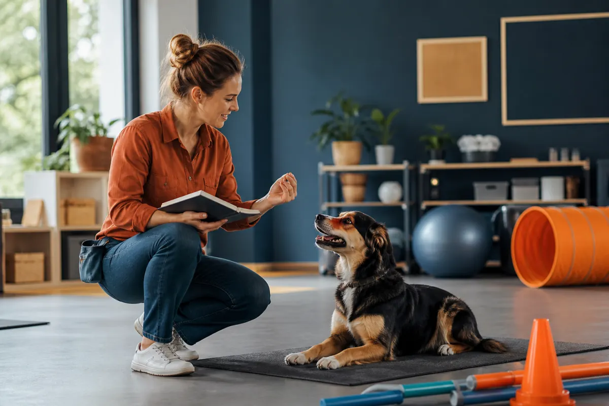 Hundetrainerin arbeitet mit einem Hund in einer modernen Trainingshalle