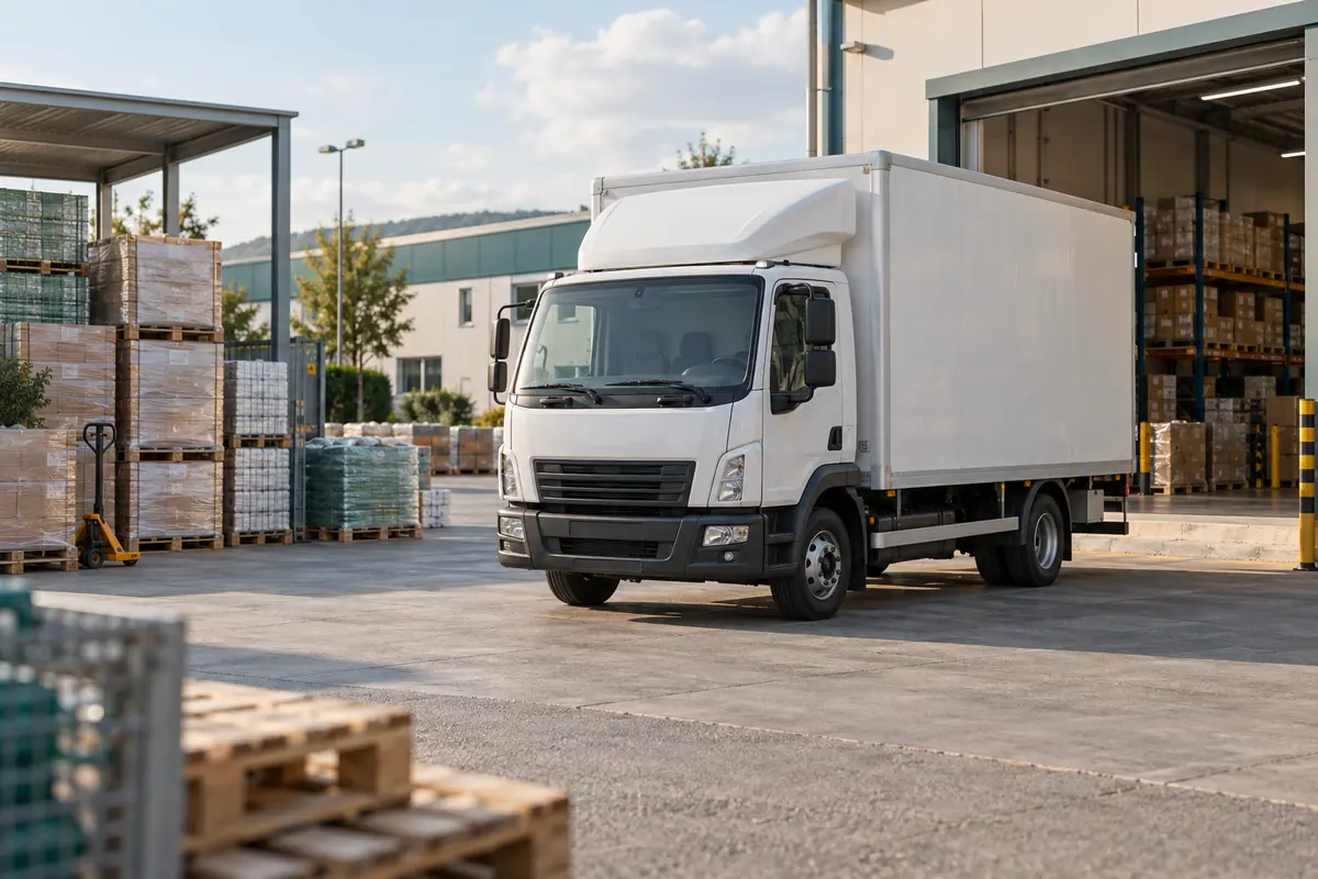 Neutraler Lastwagen und Paletten auf einem kleinen Logistikhof