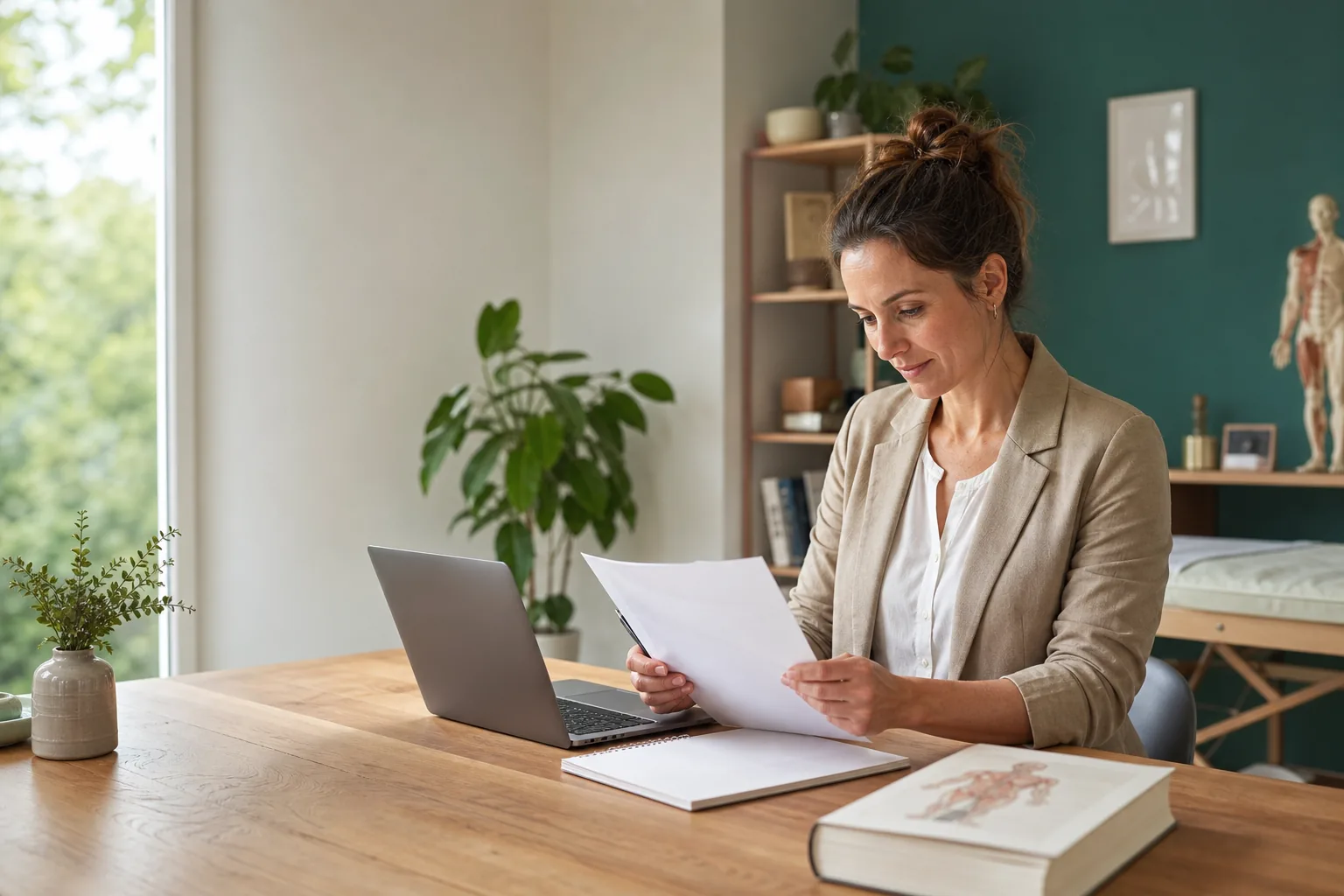 Heilpraktikerin plant die Gründung einer eigenen Praxis mit Businessplan und Laptop