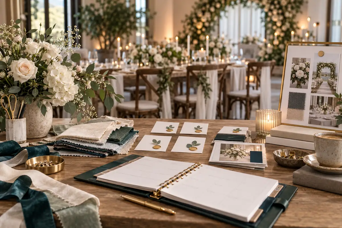 Stoffmuster, Blumen und Sitzplatzplanung auf einem Hochzeitsplanungs-Schreibtisch