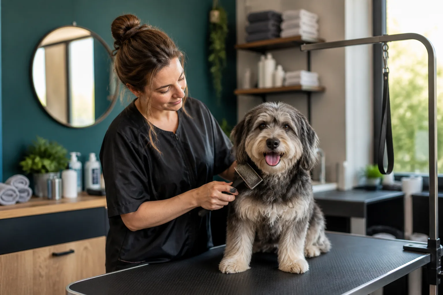 Hundefriseurin pflegt einen Hund in einem modernen Hundesalon