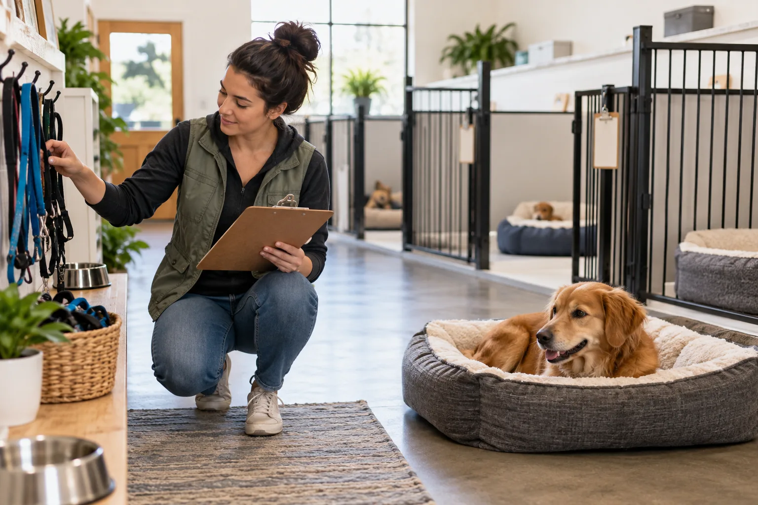 Hundepensionsbetreiberin bereitet die sichere Aufnahme und Betreuung eines Hundes vor