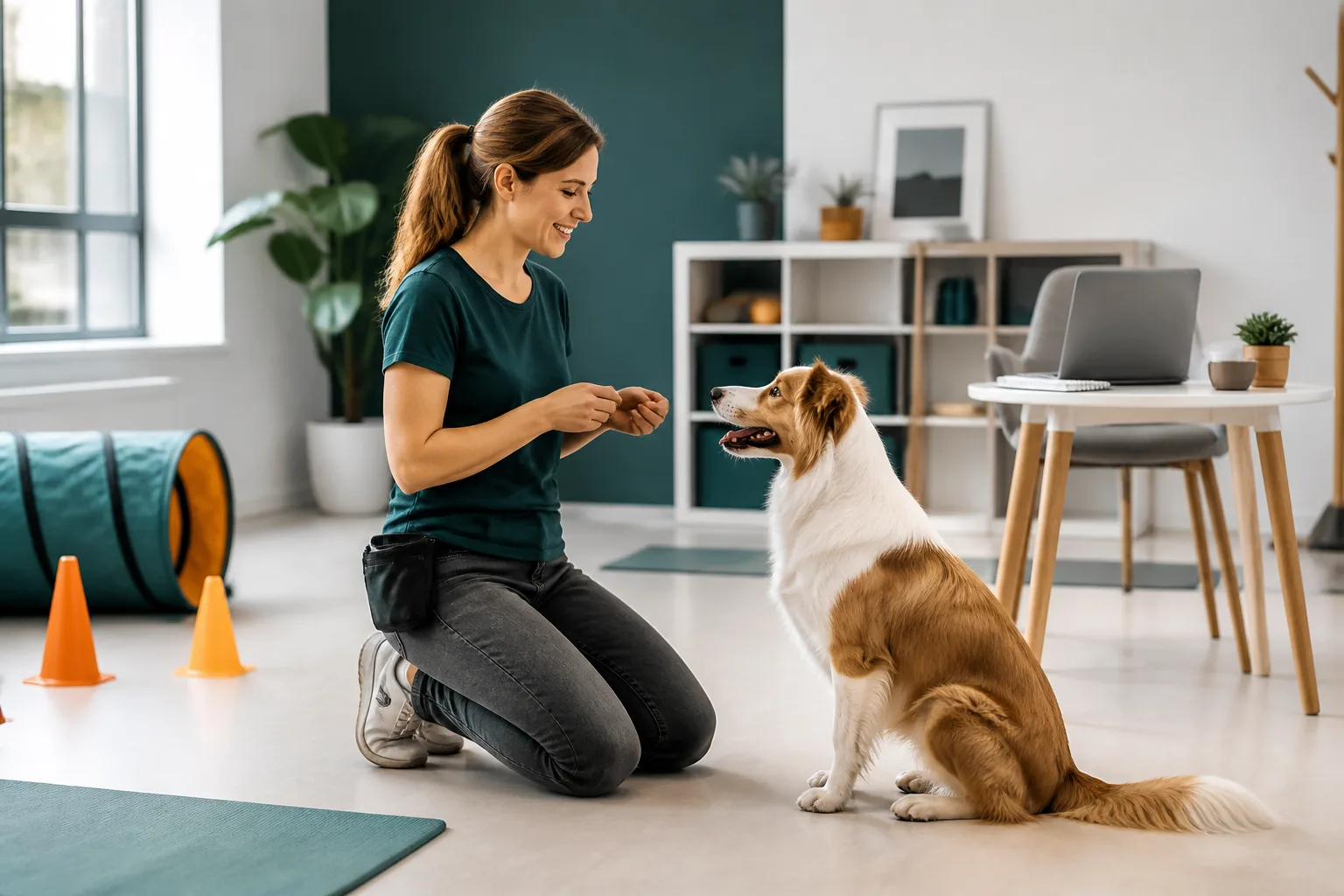 Hundetrainerin arbeitet mit einem Hund in einer modernen Trainingsumgebung
