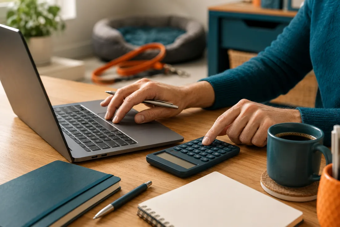 Gründer kalkuliert am Laptop mit Taschenrechner die Kosten seiner Hundeschule