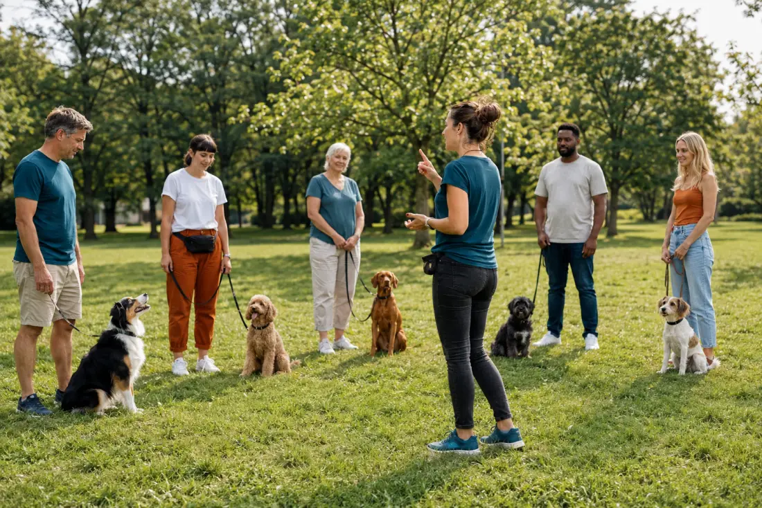 Hundetrainerin leitet einen Gruppenkurs mit mehreren Hundebesitzern und Hunden auf einer Wiese im Park