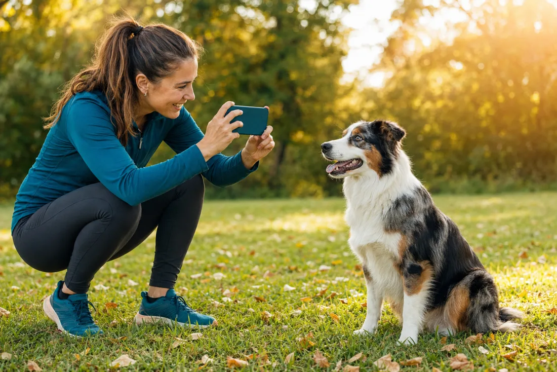Hundetrainerin fotografiert einen Hund mit dem Smartphone für Website und Social Media