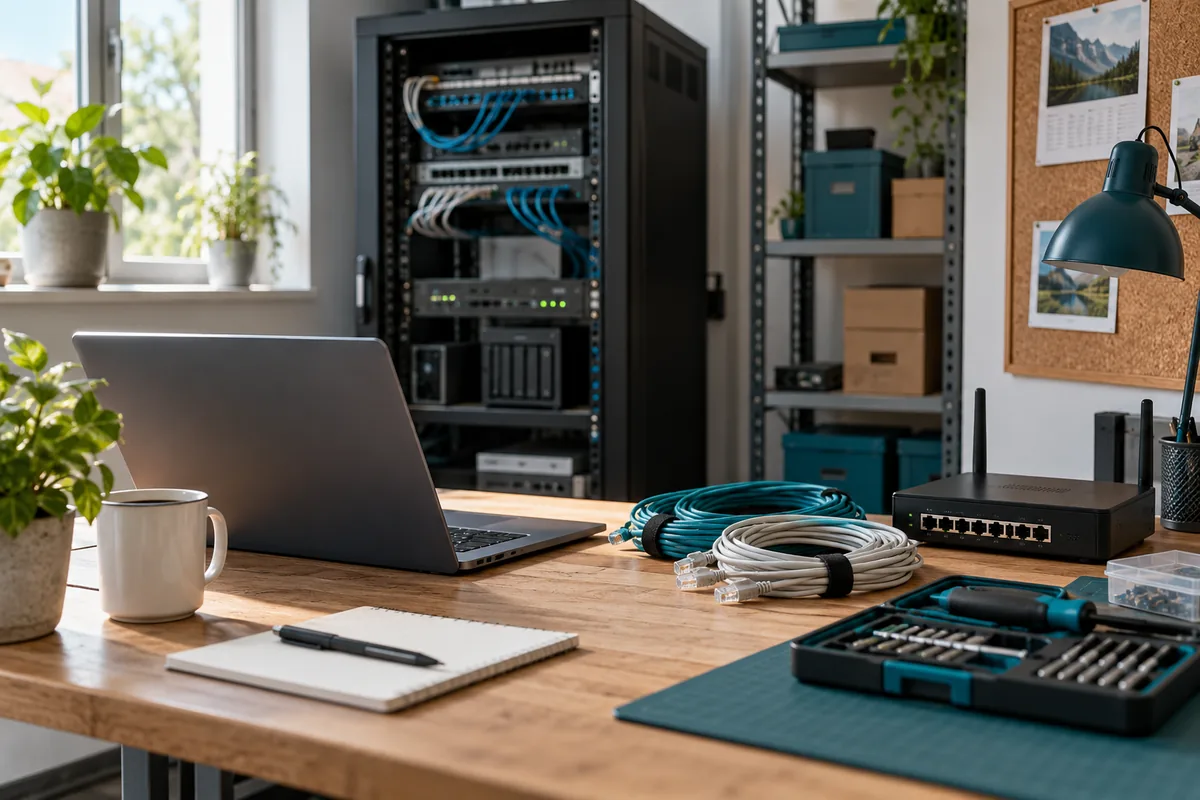 IT-Arbeitsplatz mit Laptop und Netzwerkverteiler
