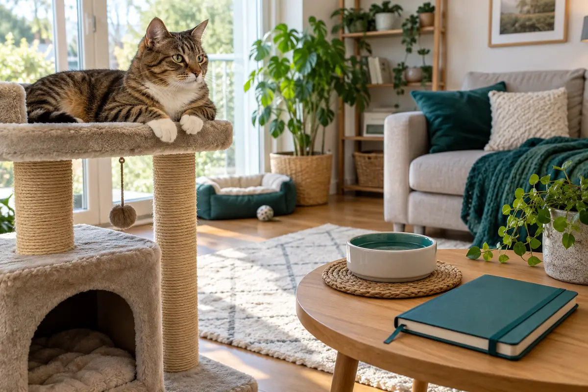 Katze auf einem Kratzbaum neben Wassernapf und geschlossenem Betreuungsnotizbuch