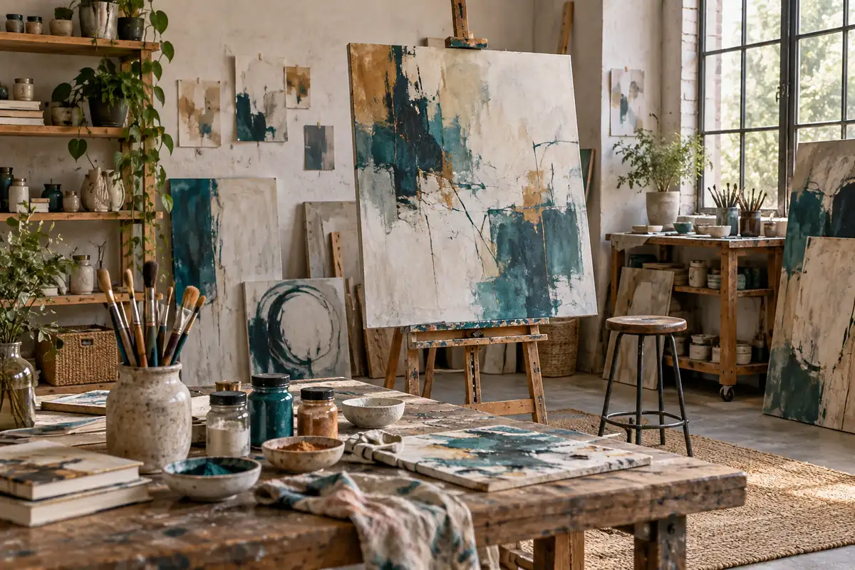 Pinsel, Farben und abstrakte Leinwände in einem Atelier
