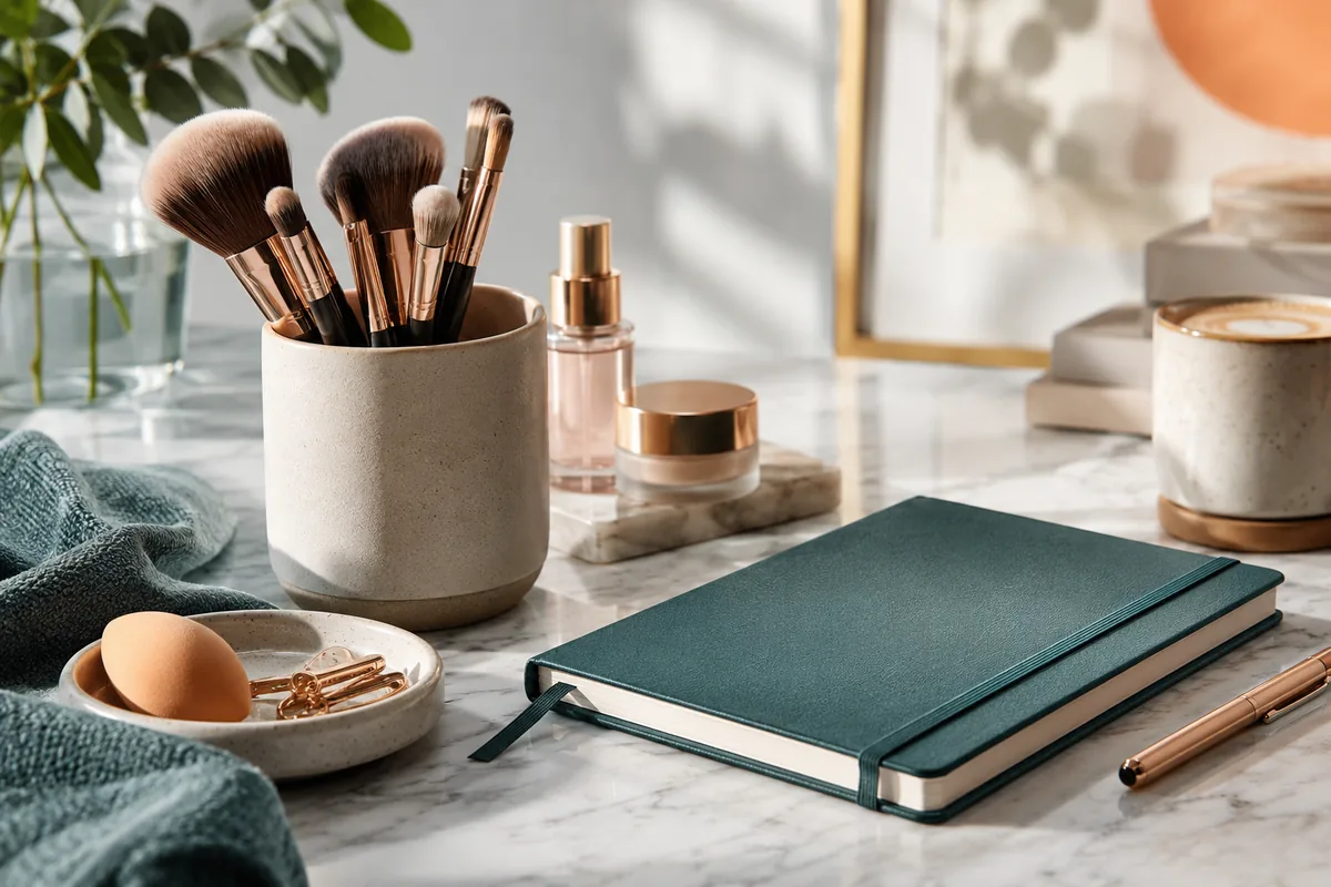 Make-up-Pinsel und Planungsnotizbuch auf einer Arbeitsfläche