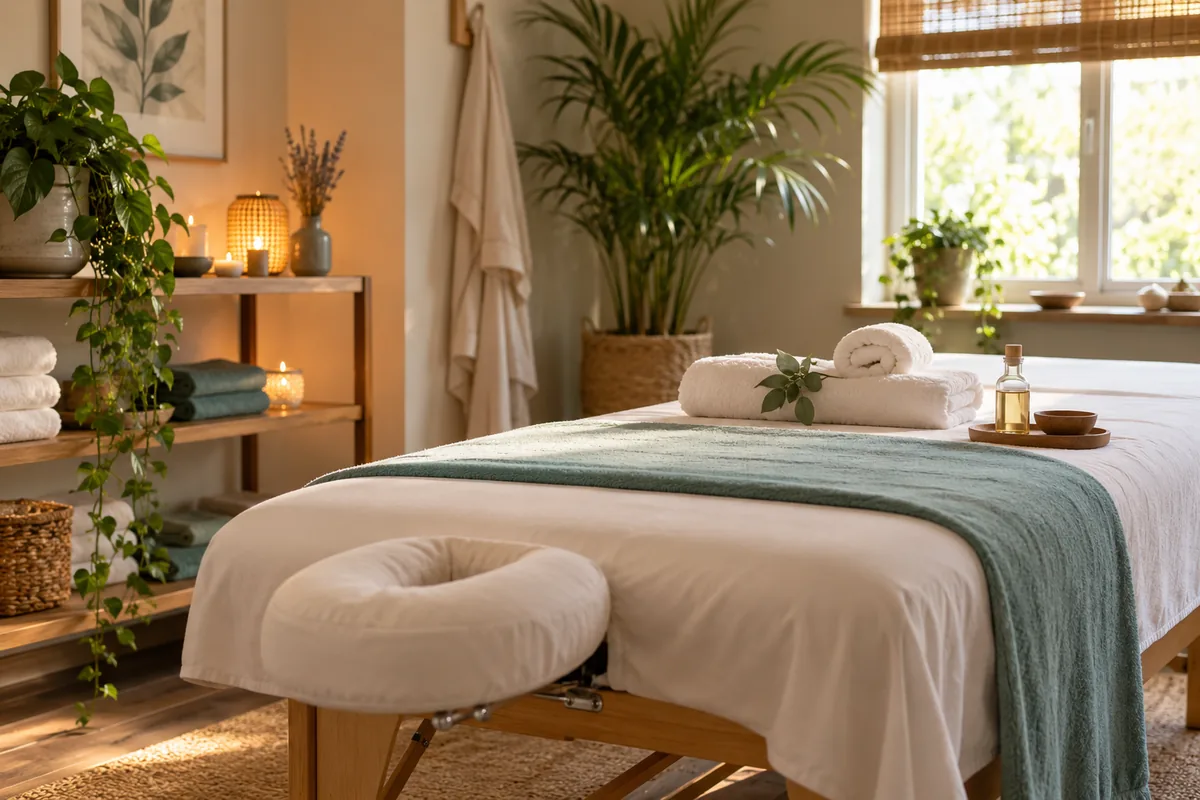 Massageliege, frische Handtücher und Ölflasche in einem Wellnessraum