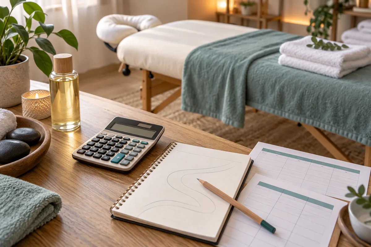 Taschenrechner und Planungsunterlagen für Masseur und Wellnessmassage