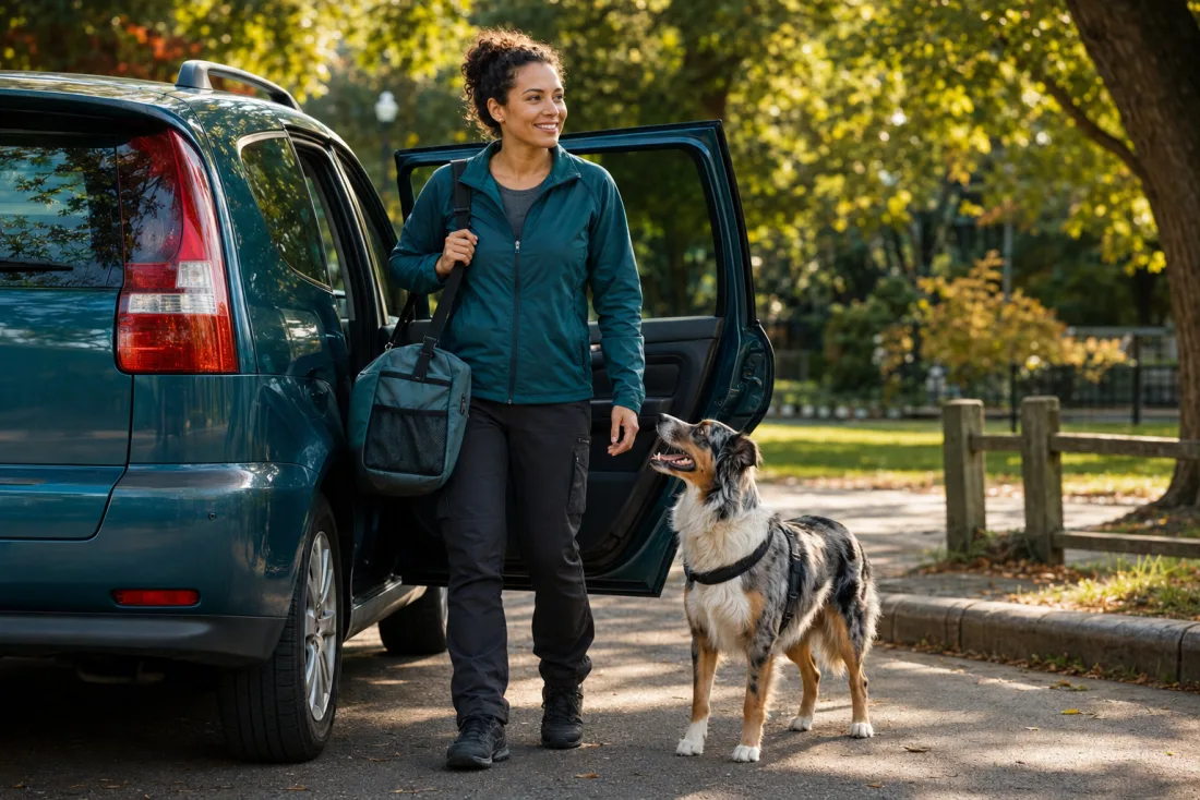 Mobile Hundetrainerin steigt mit Trainingstasche und Hund aus dem Auto – mobile Hundeschule beim Hausbesuch