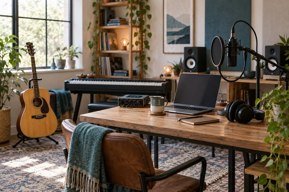 Gitarre, Keyboard, Mikrofon und Audiointerface in einem Musikstudio