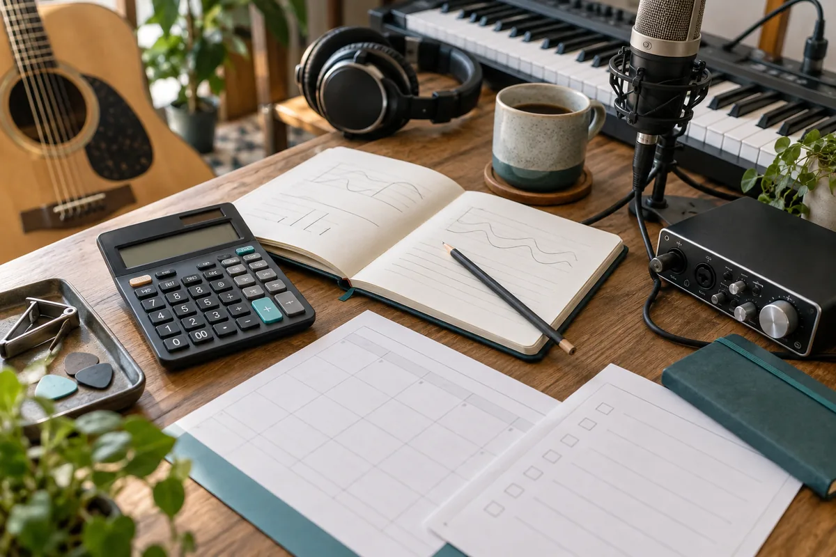 Taschenrechner und Planungsunterlagen für Musiker