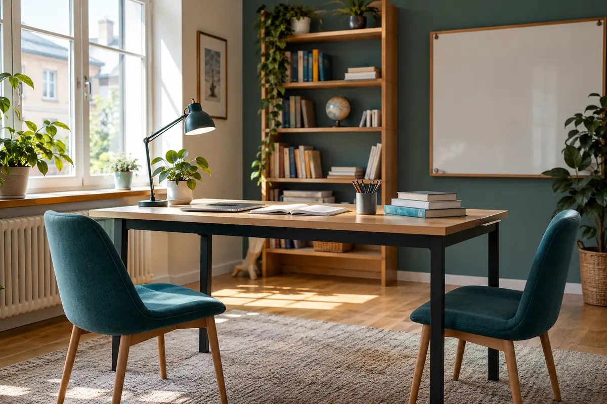 Unterrichtstisch mit Büchern und zwei Stühlen vor einer Tafel