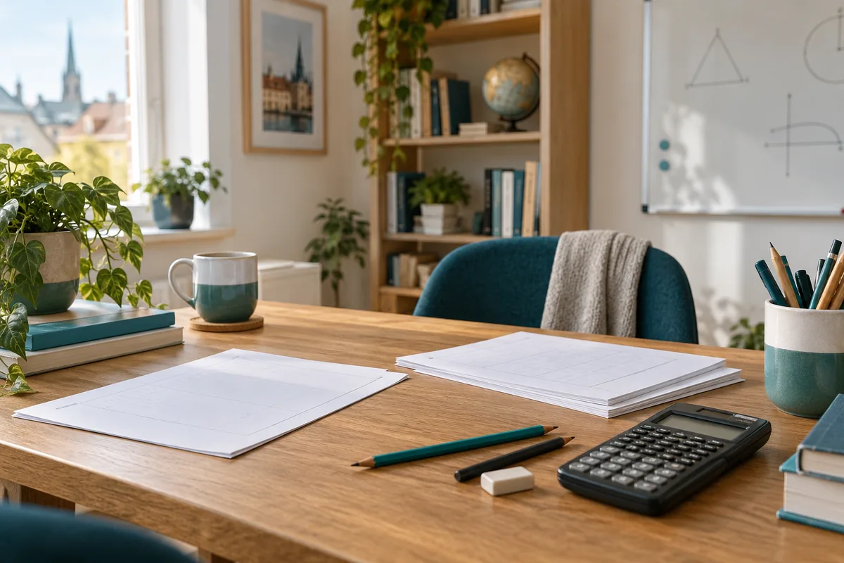 Arbeitsblätter, Stifte und Taschenrechner auf einem Lerntisch