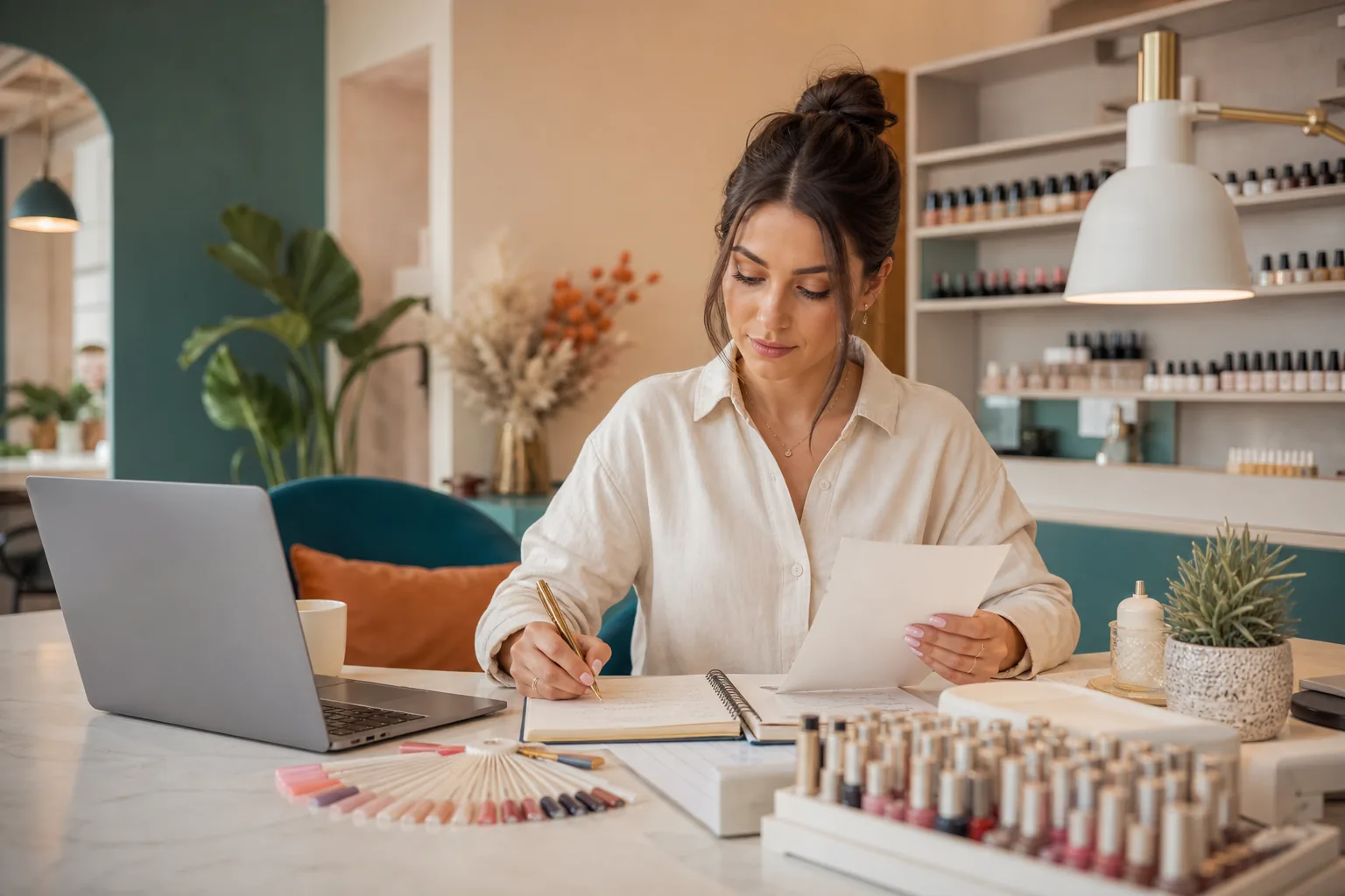 Nageldesignerin plant in einem modernen Studio Termine und Finanzen am Laptop