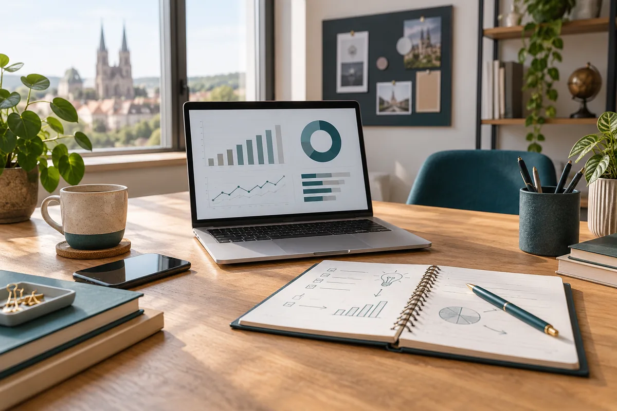 Laptop mit Diagrammen und Planungsnotizbuch auf einem Beratungsschreibtisch