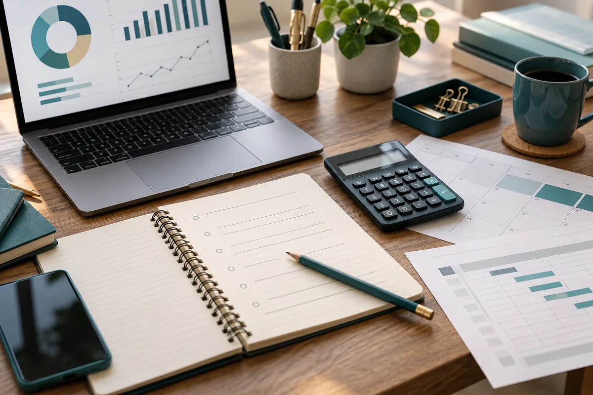 Taschenrechner und Planungsunterlagen für Online-Marketing-Beratung