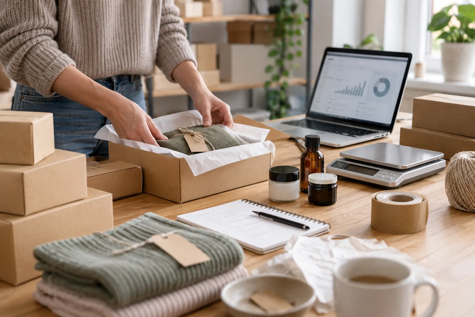 Online-Shop-Gründerin bereitet eine Testbestellung vor und prüft Produkte sowie Versand