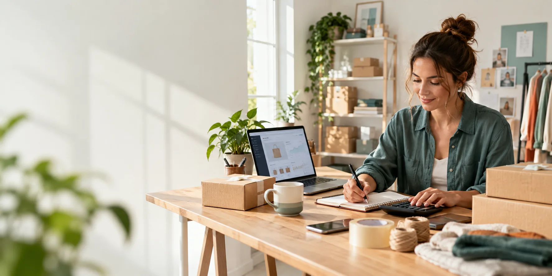 Gründerin plant Sortiment, Bestellungen und Finanzen für einen Online-Shop am Laptop