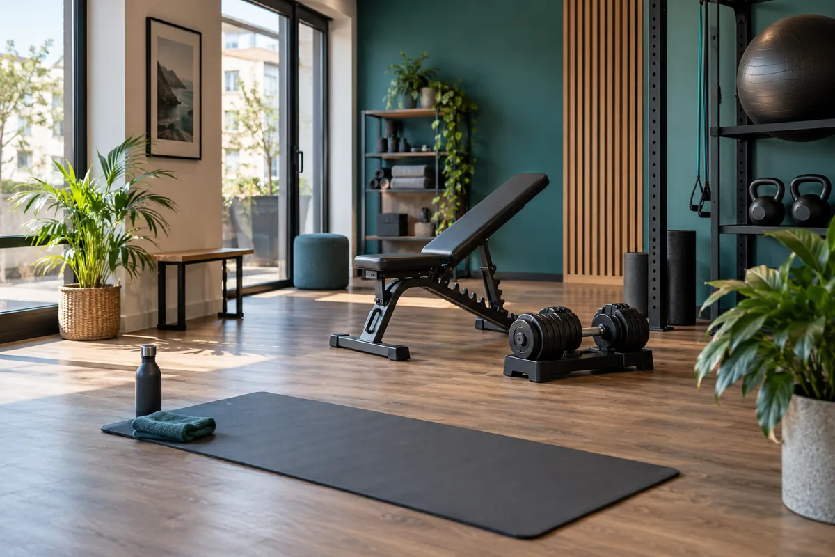 Trainingsmatte, Hanteln und Hantelbank in einem Trainingsraum
