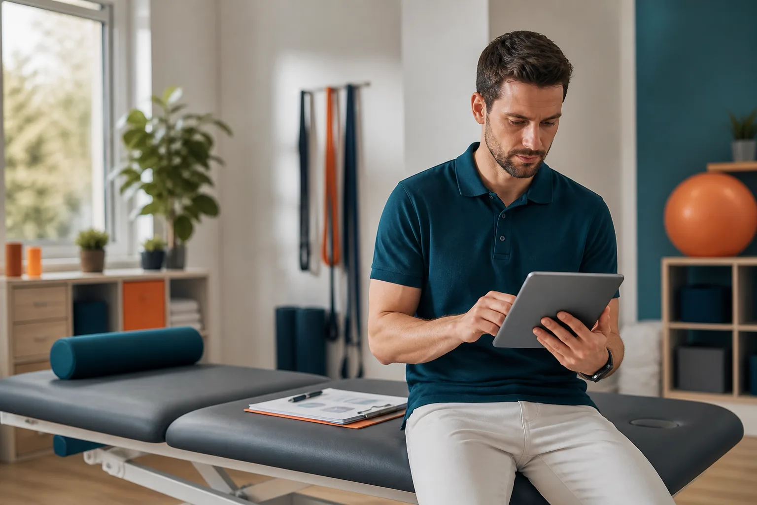 Physiotherapeut plant die Gründung einer eigenen Praxis mit Businessplan und Tablet