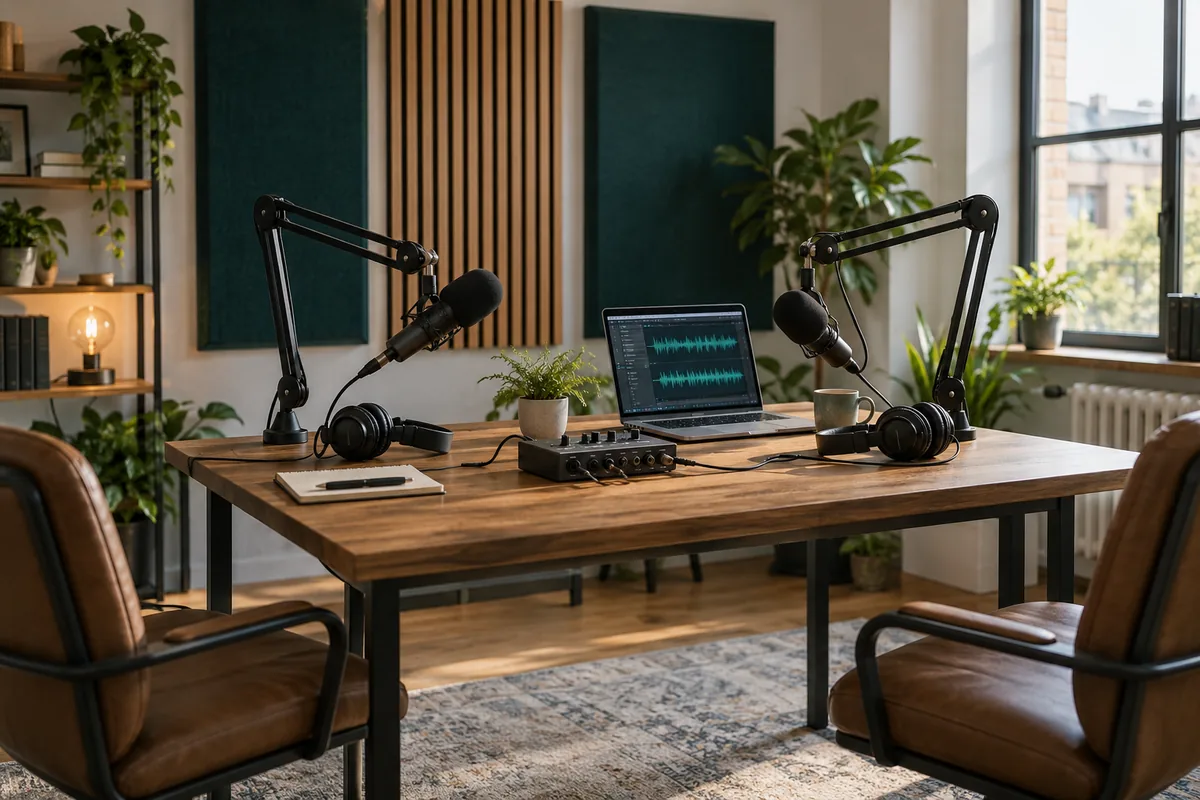 Podcastarbeitsplatz mit Mikrofon, Kopfhörern und Audiomischpult
