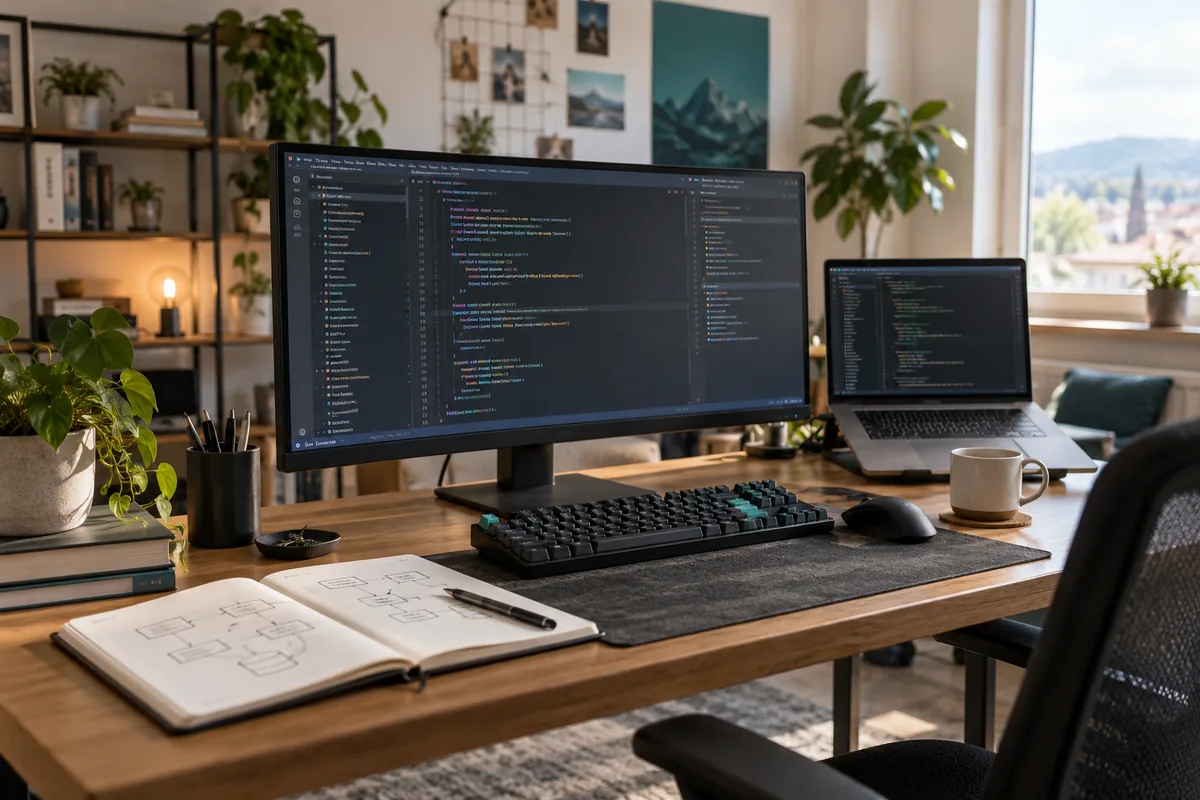 Entwicklungsarbeitsplatz mit Laptop, externem Bildschirm und Tastatur