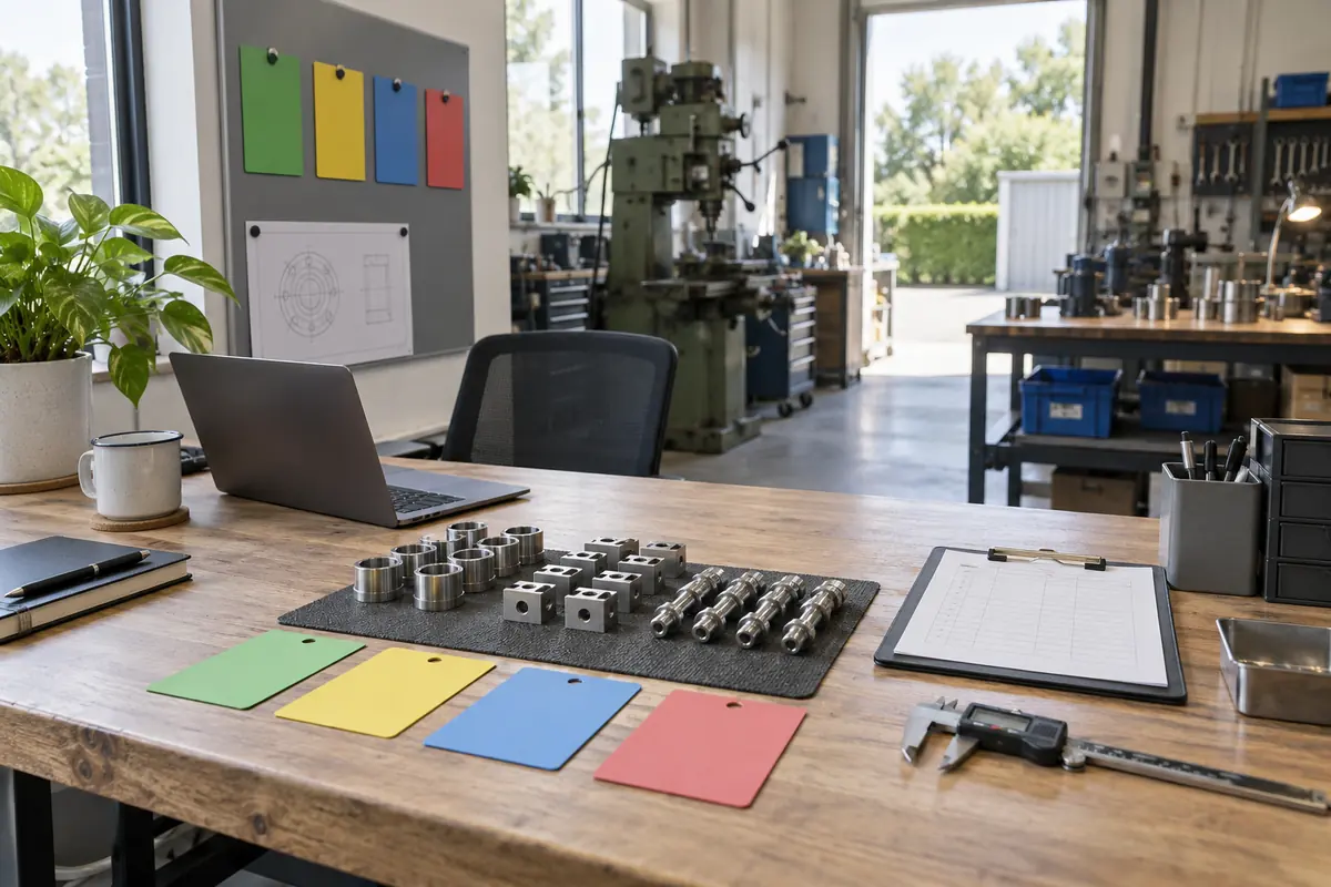 Messschieber, Bauteile und Prozesskarten an einem Arbeitsplatz