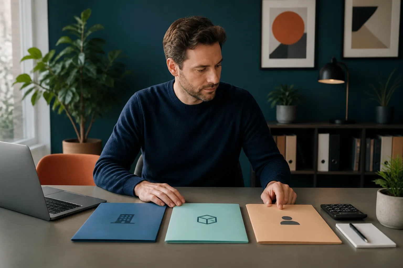 Gründer vergleicht GmbH, UG und Einzelunternehmen anhand von Unterlagen und Rechner