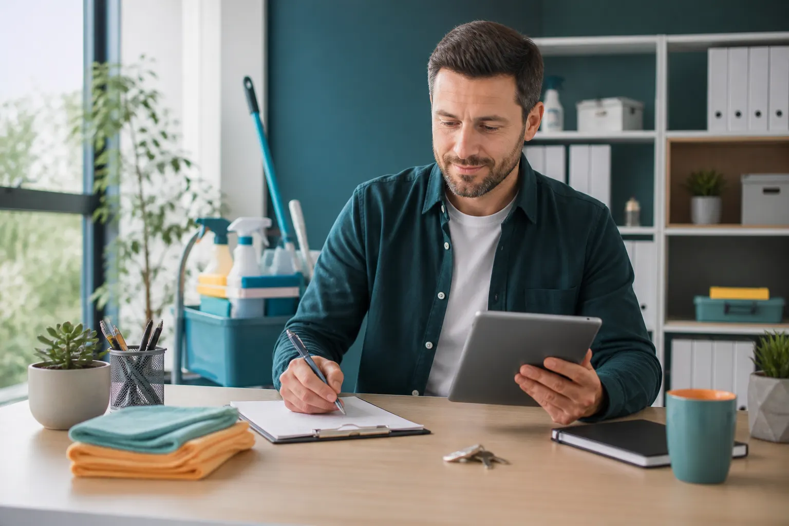 Unternehmerin plant eine Reinigungsfirma mit Checkliste und Tablet