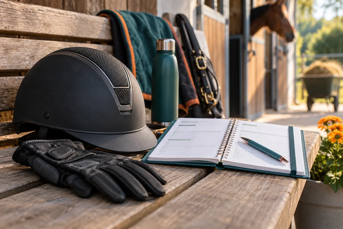 Reithelm, Handschuhe und Planungsnotizbuch auf einer Stallbank