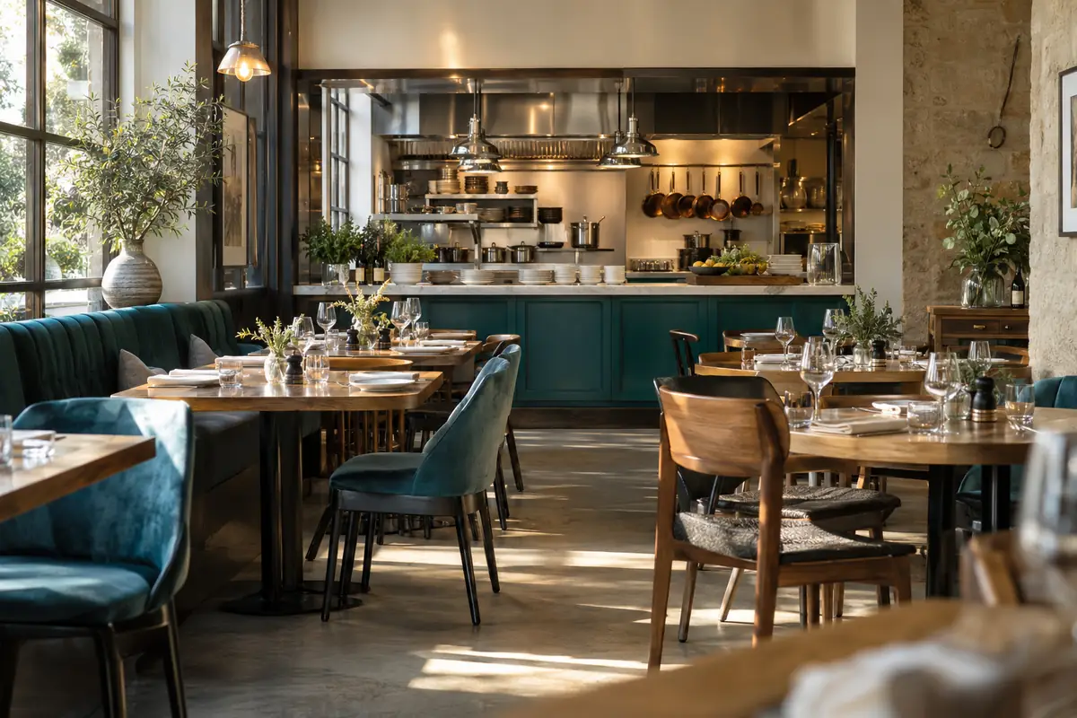 Eingedeckte Tische und offene Küche in einem Restaurant