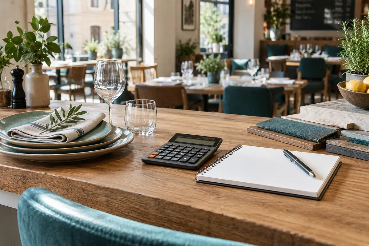 Gedeck, Taschenrechner und Notizbuch auf einem Restauranttisch
