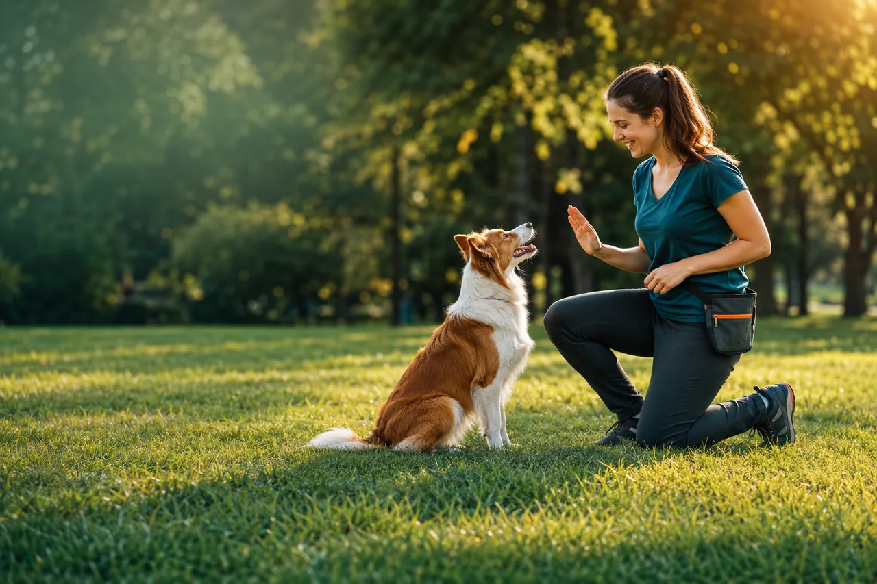 Hundetrainerin trainiert einen Hund auf einer Wiese im Park – selbstständig als Hundetrainer Hundetrainerin trainiert einen Hund auf einer Wiese im Park – selbstständig als Hundetrainer