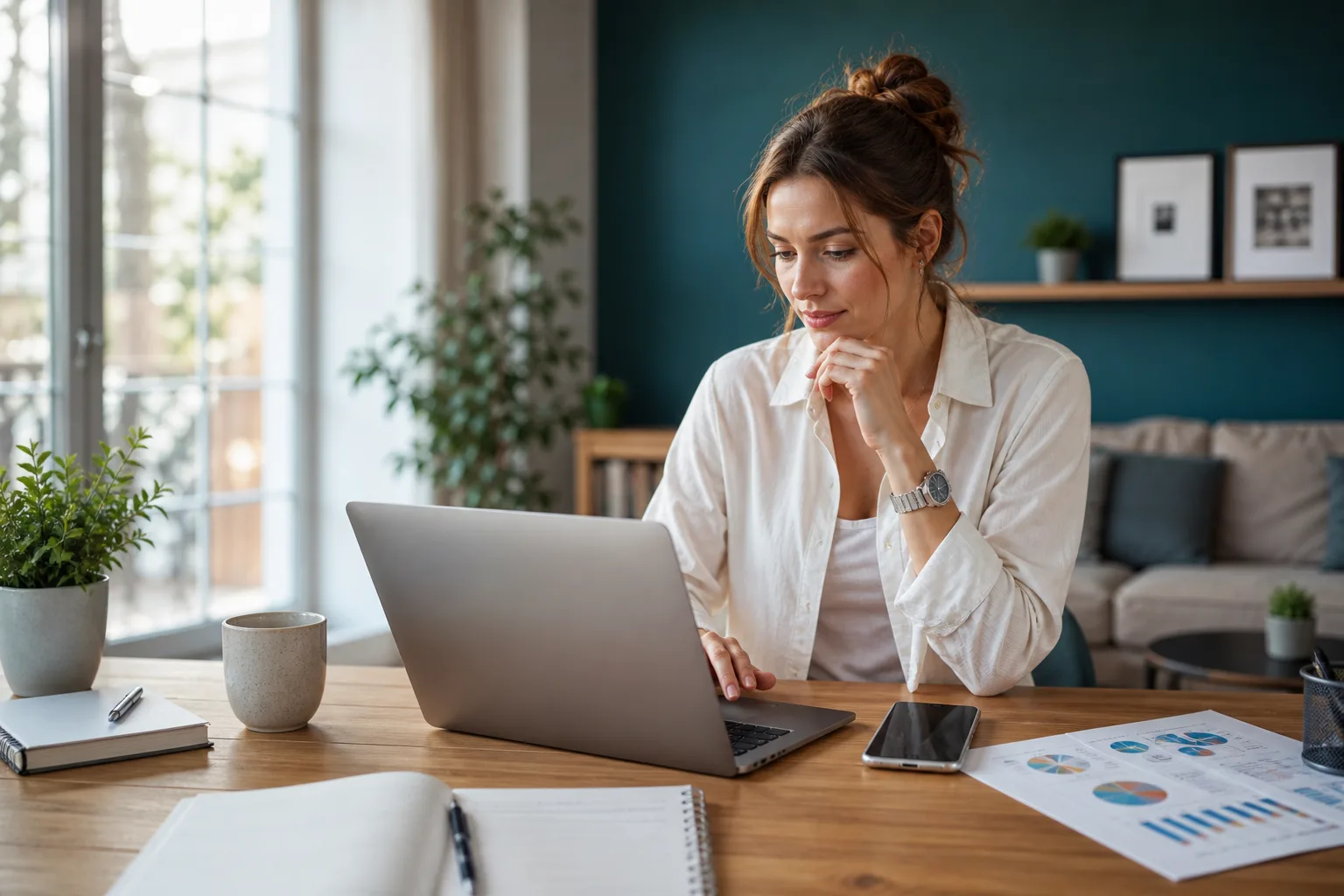 Social-Media-Managerin plant einen Content-Kalender mit Laptop und Smartphone