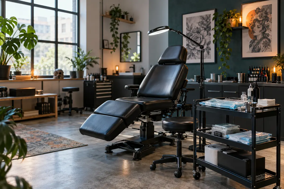 Leerer Behandlungsstuhl in einem aufgeräumten Tattoo-Studio