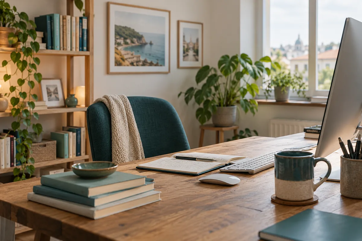 Computer, Bücher und Notizbuch auf einem Schreibtisch
