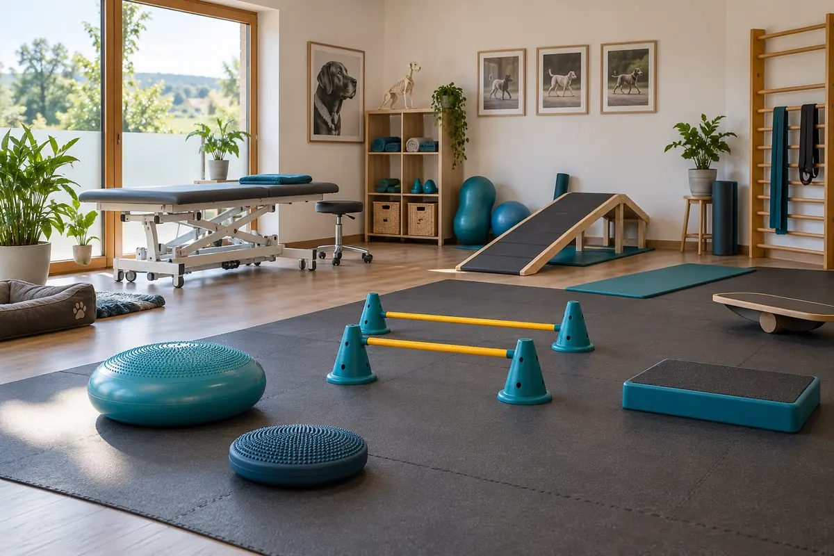Rutschfeste Matten und Balancehilfen in einem Raum für Tierphysiotherapie