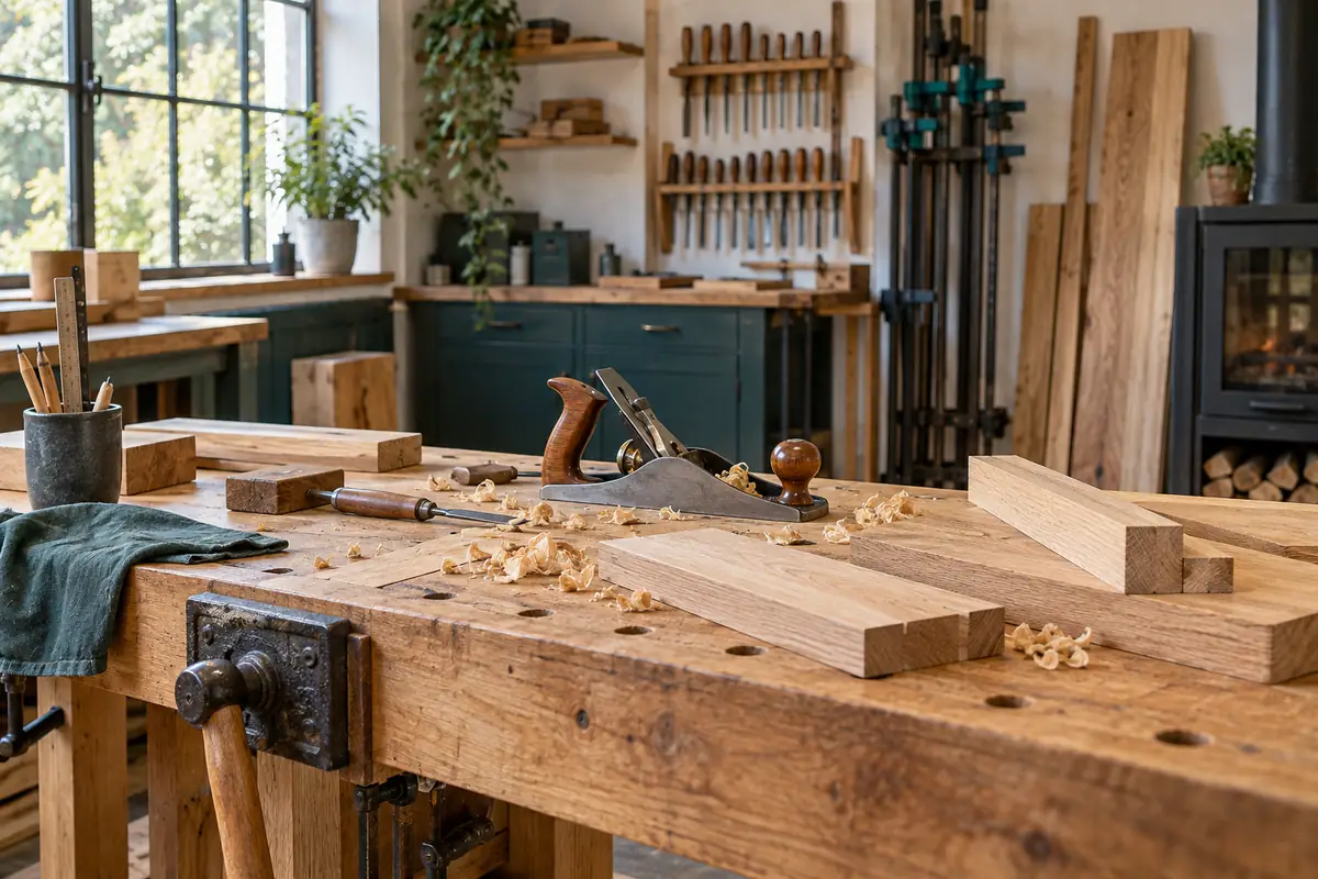 Werkbank mit Hobel, Holz und Schraubzwingen in einer Tischlerwerkstatt