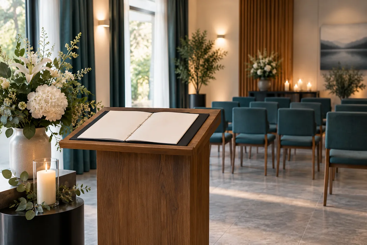 Rednerpult in einer ruhig gestalteten Trauerhalle mit Blumen