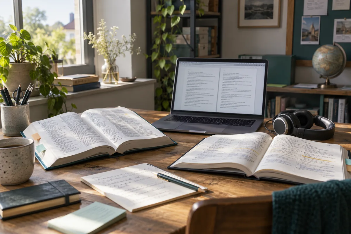 Übersetzungsarbeitsplatz mit Laptop, Wörterbuch und Textunterlagen
