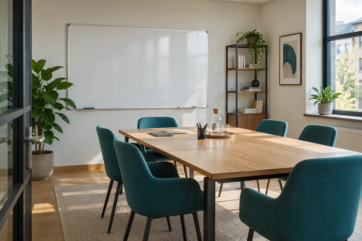 Besprechungstisch mit Stühlen vor einer leeren Schreibtafel