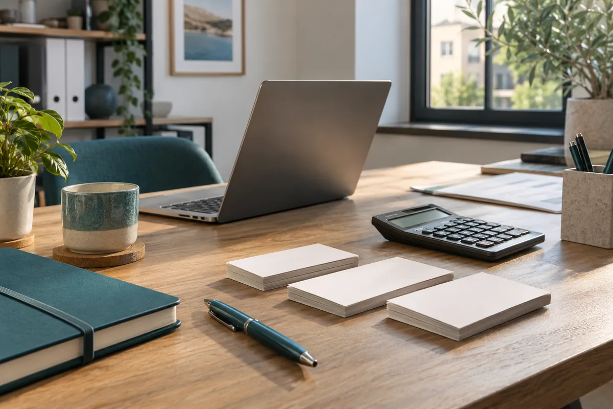 Laptop, Karten, Notizbuch und Taschenrechner auf einem Schreibtisch
