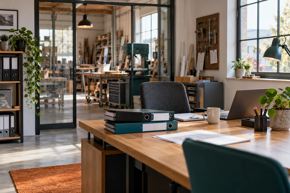 Büro mit Unterlagen und Blick in eine Werkstatt
