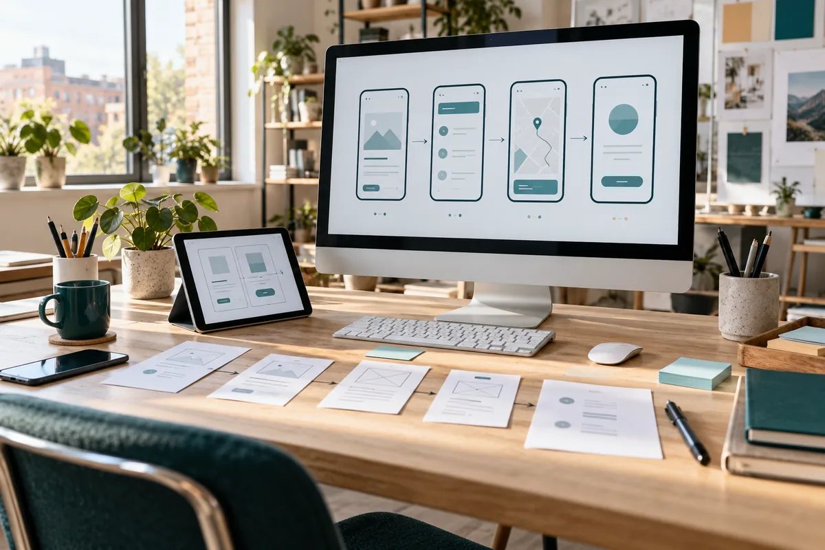 Designarbeitsplatz mit Bildschirm, Tablet und Entwurfsskizzen